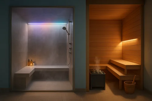 Steam room and Sauna area side by side which offers two distinct types of heat therapy